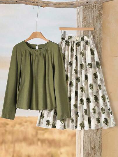 Rusticease Ensemble 2 pièces pour femmes vert sauge vert olive, Top à manches longues unicolore, jupe florale, style cottagecore d'été, décontracté chic pour l'automne, vacances et brunch