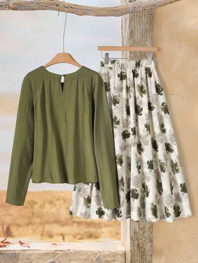 Rusticease Ensemble 2 pièces pour femmes vert sauge vert olive, Top à manches longues unicolore, jupe florale, style cottagecore d'été, décontracté chic pour l'automne, vacances et brunch