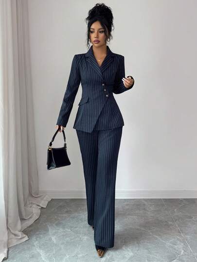 Elenzga Ensemble deux pièces pour femme avec veste de costume bleu marine à rayures, col asymétrique et taille cintrée & pantalon large, tenue de bureau élégante et formelle pour le printemps et l'été
