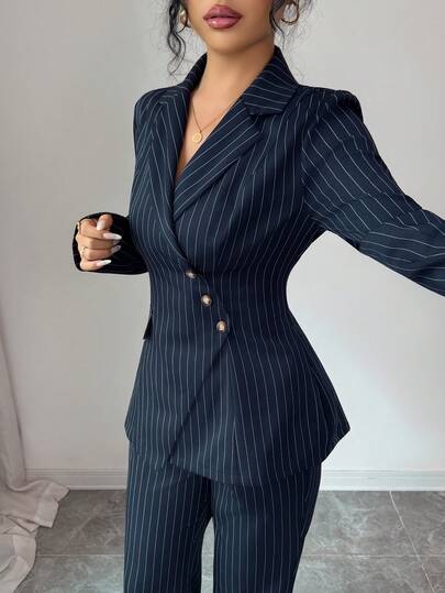 Elenzga Ensemble deux pièces pour femme avec veste de costume bleu marine à rayures, col asymétrique et taille cintrée & pantalon large, tenue de bureau élégante et formelle pour le printemps et l'été