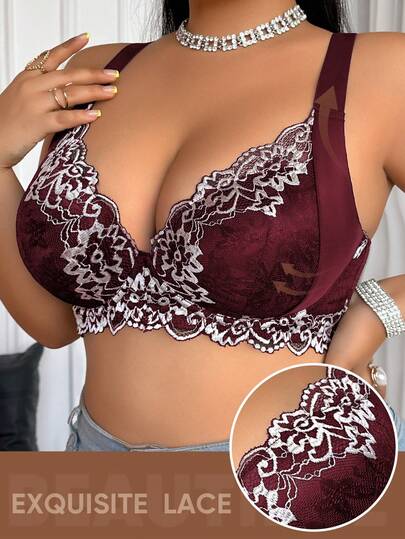 MEIYATING Soutien-gorge élégant et de tous les jours pour femmes grandes tailles, imprimé floral, doux et confortable, léger, avec couleurs contrastées et soutien