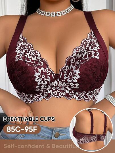 MEIYATING Soutien-gorge élégant et de tous les jours pour femmes grandes tailles, imprimé floral, doux et confortable, léger, avec couleurs contrastées et soutien