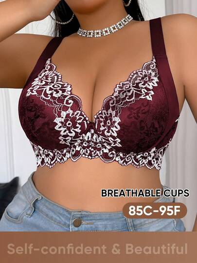 MEIYATING Soutien-gorge élégant et de tous les jours pour femmes grandes tailles, imprimé floral, doux et confortable, léger, avec couleurs contrastées et soutien