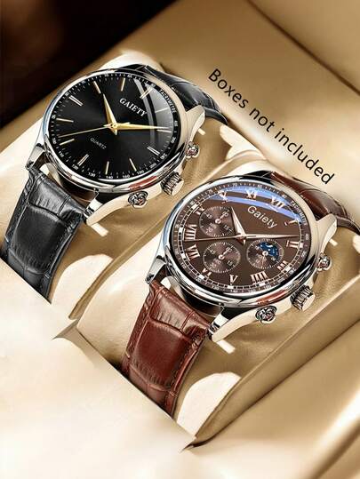 2 pièces/set Combo de montres pour hommes, cadran multi-éléments décontracté et professionnel, convient pour un port quotidien, peut également être décoratif ou un cadeau pour les amis et les pères