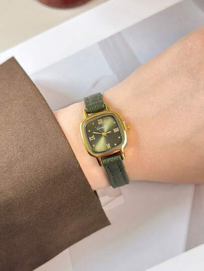 1 pièce Montre-bracelet vintage à la mode minimaliste pour femme, boîtier ovale, bracelet en PU, petit cadran délicat avec décoration de strass, élégante et charmante, convient pour un port quotidien, cadeau d'anniversaire, fête, rassemblement de vacances
