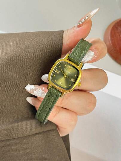1 pièce Montre-bracelet vintage à la mode minimaliste pour femme, boîtier ovale, bracelet en PU, petit cadran délicat avec décoration de strass, élégante et charmante, convient pour un port quotidien, cadeau d'anniversaire, fête, rassemblement de vacances