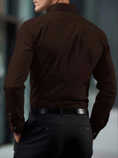 Calvornis Chemise formelle à manches longues boutonnée de couleur unie marron foncé pour homme, élégante, mode bureau, décontractée, business, pour le trajet quotidien, la cérémonie