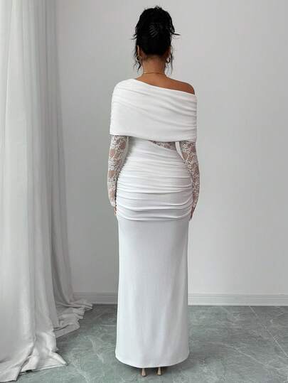 Rafferiza Robe de soirée élégante blanche d'été pour femme, robe de mariée invitée, épaule asymétrique, dentelle ajourée, manches longues, moulante, pour la fête de retour à la maison et la remise des diplômes