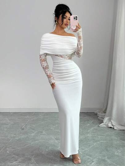 Rafferiza Robe de soirée élégante blanche d'été pour femme, robe de mariée invitée, épaule asymétrique, dentelle ajourée, manches longues, moulante, pour la fête de retour à la maison et la remise des diplômes