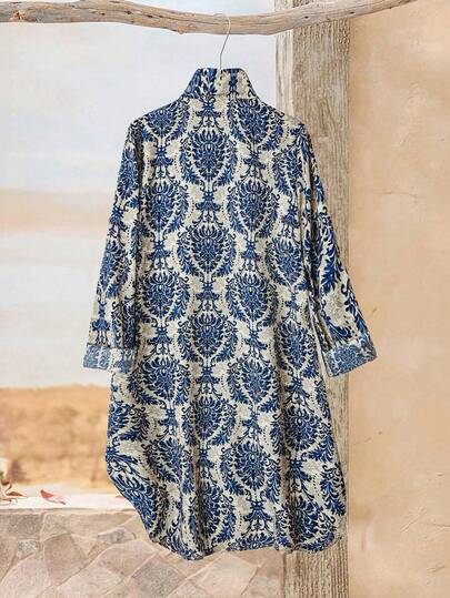 Rusticease Robe-chemise cardigan grande taille pour femme, style vintage bohème des années 1920, col à revers, manches longues, boutonnage devant, ourlet arrondi, bleu, pour vacances, fêtes, automne et hiver