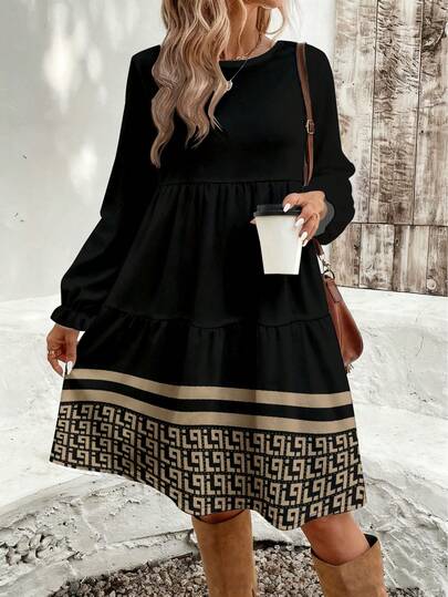 EMERY ROSE Robe ample à manches longues à col rond avec imprimé géométrique vintage décontracté, grande taille, convient pour l'automne/l'hiver, les déplacements quotidiens, noir