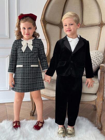 PrepCrw 2 pièces Veste de blazer en velours noir élégante et pantalon, style scolaire décontracté urbain. Ensemble costume de gentleman, convient pour les sorties, les rassemblements, la rentrée scolaire, l'automne/hiver