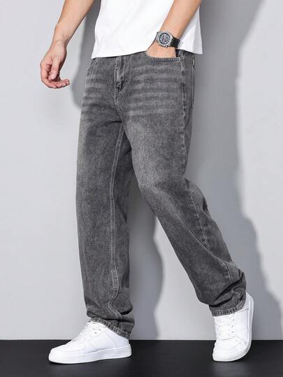 Manfinity Homme Jeans droits de couleur unie avec poche, style pour hommes