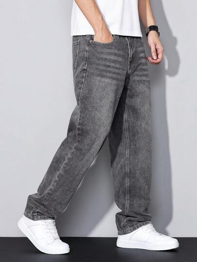 Manfinity Homme Jeans droits de couleur unie avec poche, style pour hommes
