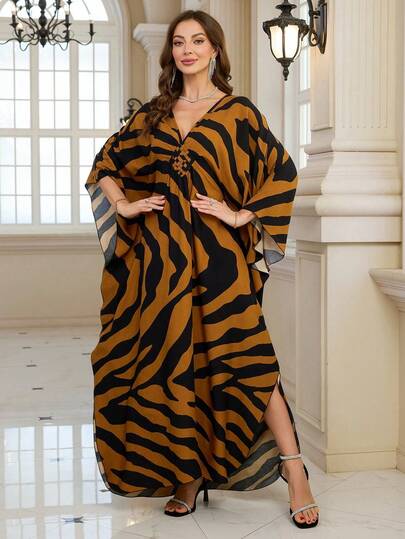 Robe longue pour femmes avec imprimé zébré, col en V, manches chauve-souris, design fendu, tissu tissé, robe kaftan élégante pour vacances, printemps, automne, marron