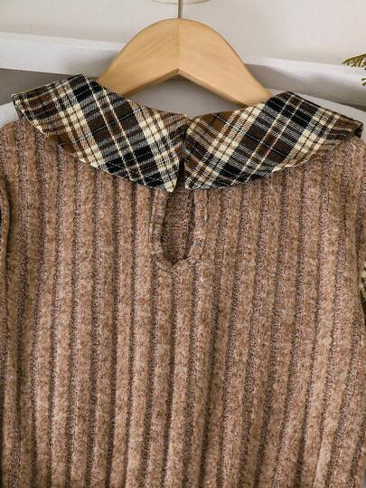 Robe décontractée printemps/automne pour filles, robe tricotée à manches longues avec col à carreaux, patchwork et rayures verticales pour préadolescentes, tenue quotidienne, sortie, fête, représentation, divertissement, vêtements pour enfants, à la mode,