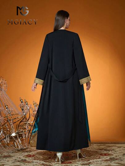 Mgiacy Robe longue élégante pour femme, couleur unie, tissée avec jacquard contrasté, style Madam, été/automne (couche intérieure non incluse), convient pour les fêtes et les festivals