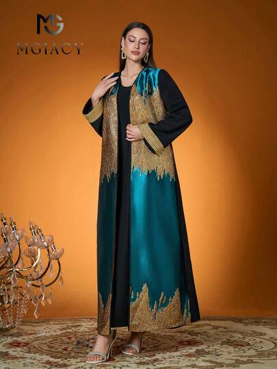 Mgiacy Robe longue élégante pour femme, couleur unie, tissée avec jacquard contrasté, style Madam, été/automne (couche intérieure non incluse), convient pour les fêtes et les festivals