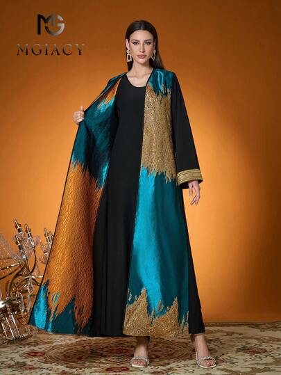 Mgiacy Robe longue élégante pour femme, couleur unie, tissée avec jacquard contrasté, style Madam, été/automne (couche intérieure non incluse), convient pour les fêtes et les festivals