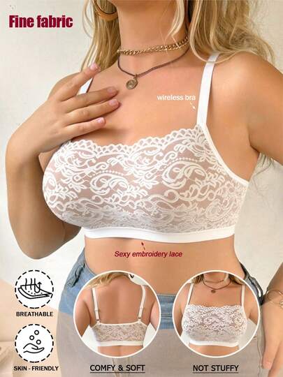 Soutien-gorge en dentelle blanche pour femmes grandes tailles, soutien-gorge sans fil confortable et polyvalent pour forte poitrine, soutien-gorge camisole en dentelle sans rembourrage