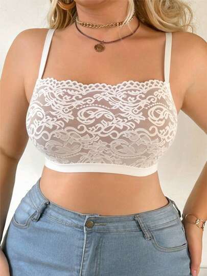 Soutien-gorge en dentelle blanche pour femmes grandes tailles, soutien-gorge sans fil confortable et polyvalent pour forte poitrine, soutien-gorge camisole en dentelle sans rembourrage
