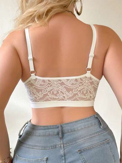 Soutien-gorge en dentelle blanche pour femmes grandes tailles, soutien-gorge sans fil confortable et polyvalent pour forte poitrine, soutien-gorge camisole en dentelle sans rembourrage