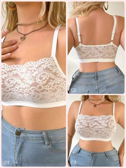 Soutien-gorge en dentelle blanche pour femmes grandes tailles, soutien-gorge sans fil confortable et polyvalent pour forte poitrine, soutien-gorge camisole en dentelle sans rembourrage