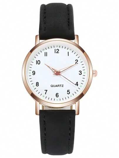 5 pièces/set Montres à quartz minimalistes et décontractées pour femmes, avec bracelets véritable noir, blanc, rose, gris et rouge, boîtier doré rose et cadran minimaliste avec chiffres. Faisant partie d'une collection de bijoux de mode, elle dégage une é