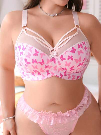 PetitDoll Soutien-gorge à armatures avec imprimé papillon et mesh contrastant pour grandes tailles