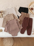 Ensemble pyjama 6 pièces nouveau-né avec body à manches longues et pantalon à pieds, tricot côtelé doux pour l'automne/l'hiver, rayures marron, décontracté, assorti pour la famille