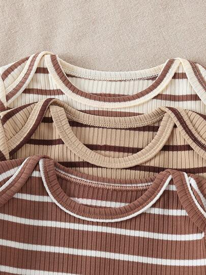 Ensemble pyjama 6 pièces nouveau-né avec body à manches longues et pantalon à pieds, tricot côtelé doux pour l'automne/l'hiver, rayures marron, décontracté, assorti pour la famille