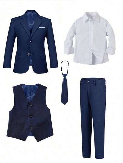 Ensemble de costume formel pour garçons 5 pièces, comprenant blazer, gilet, chemise blanche à poche, pantalon, cravate, convient pour les mariages, les fêtes d'anniversaire et autres occasions formelles, bleu marine, 3-10 ans