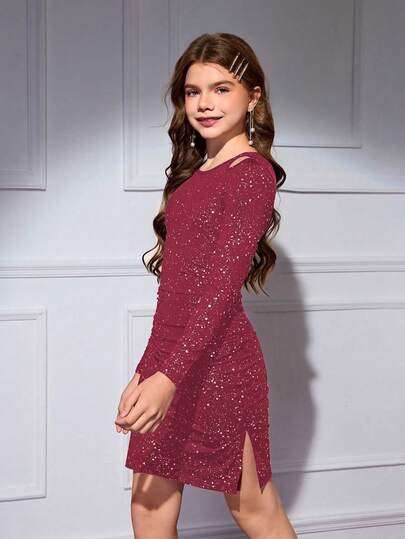Robe de soirée à manches longues en tricot serré avec paillettes pour filles