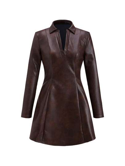 Clasi Robe vintage élégante en PU avec encolure en V et taille cintrée