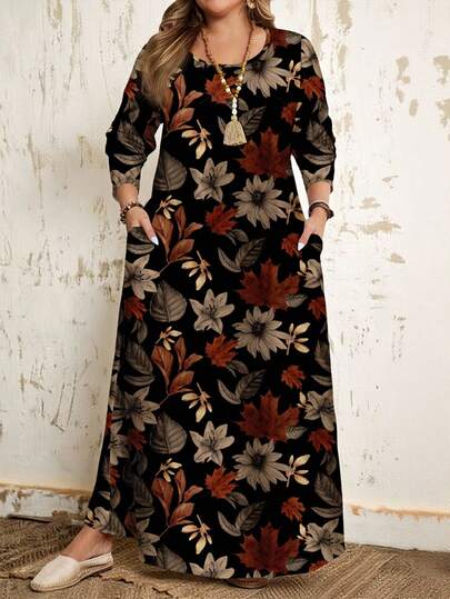 EMERY ROSE Robe à manches longues à col rond avec motif de feuille d'érable décontractée, grande taille, convenant à l'automne/hiver