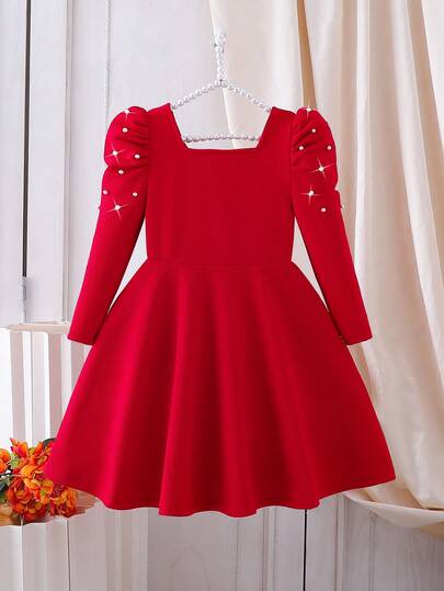 Elladie kids Robe de princesse style rouge à col carré élégant, décoration de perles, manches bouffantes, taille cintrée, coupe évasée. Convient pour les fêtes, Noël, printemps/automne