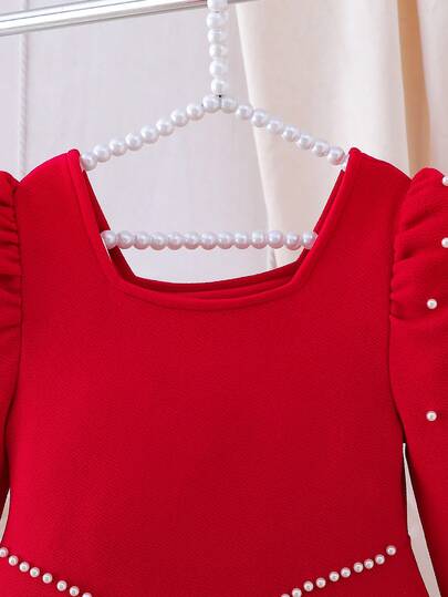 Elladie kids Robe de princesse style rouge à col carré élégant, décoration de perles, manches bouffantes, taille cintrée, coupe évasée. Convient pour les fêtes, Noël, printemps/automne