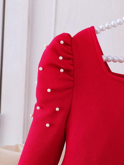 Elladie kids Robe de princesse style rouge à col carré élégant, décoration de perles, manches bouffantes, taille cintrée, coupe évasée. Convient pour les fêtes, Noël, printemps/automne