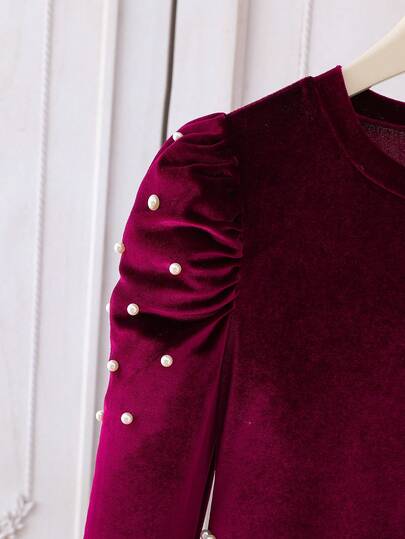 Robe en velours bordeaux à manches bouffantes avec perles et col en V pour jeunes filles. Coupe évasée. Convient pour le printemps/automne, l'hiver, le Nouvel An, les fêtes, Noël