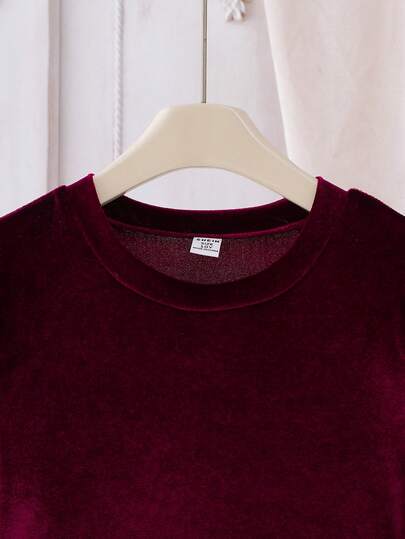 Robe en velours bordeaux à manches bouffantes avec perles et col en V pour jeunes filles. Coupe évasée. Convient pour le printemps/automne, l'hiver, le Nouvel An, les fêtes, Noël
