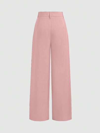 Pantalon de costume Vela Rue design minimaliste fin légèrement transparent bleu marine couleur unie avec fermeture éclair et crochet jambe large amincissant toutes saisons rose