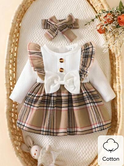 Ensemble 2 pièces pour bébé fille nouveau-né blanc d'été mignon, robe à manches longues à carreaux abricot avec dentelle et nœuds papillon & bandeau assorti, tenue élégante vintage en coton