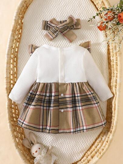 Ensemble 2 pièces pour bébé fille nouveau-né blanc d'été mignon, robe à manches longues à carreaux abricot avec dentelle et nœuds papillon & bandeau assorti, tenue élégante vintage en coton