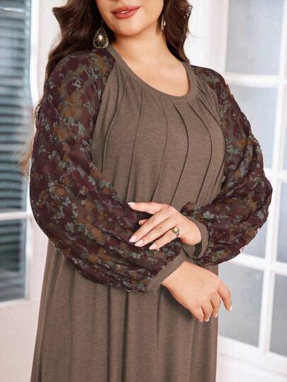 Lacomfia Robe ample et décontractée pour femmes grandes tailles, avec patchwork de dentelle florale et manches lanternes. Col rond, confortable et polyvalente.