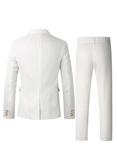 Manfinity Mode Ensemble de costume décontracté minimaliste à manches longues pour hommes, imprimé lignes, blazer et pantalon, beige, double boutonnage, costume d'été à rayures fines crème, formel, cérémonie
