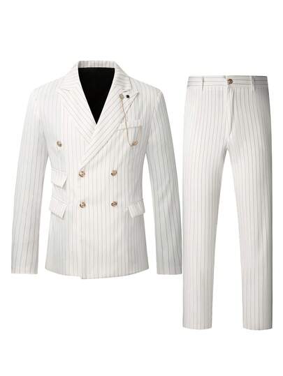 Manfinity Mode Ensemble de costume décontracté minimaliste à manches longues pour hommes, imprimé lignes, blazer et pantalon, beige, double boutonnage, costume d'été à rayures fines crème, formel, cérémonie