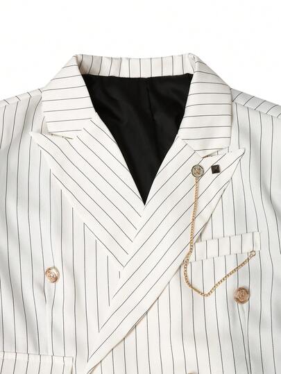 Manfinity Mode Ensemble de costume décontracté minimaliste à manches longues pour hommes, imprimé lignes, blazer et pantalon, beige, double boutonnage, costume d'été à rayures fines crème, formel, cérémonie