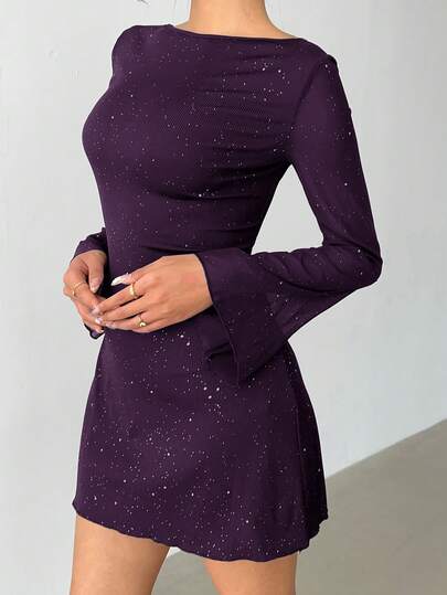 Aloruh Robe mini ajustée élégante avec nœud papillon, dos nu et tissu pailleté