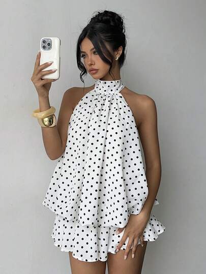 Aloruh Robe mini élégante à dos nu et imprimé pois pour femmes