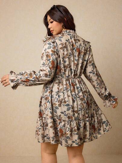 Elaquor Robe décontractée à manches longues avec col lavallière, imprimé floral et volants, pour femmes grandes tailles. Fleurs/Hiver